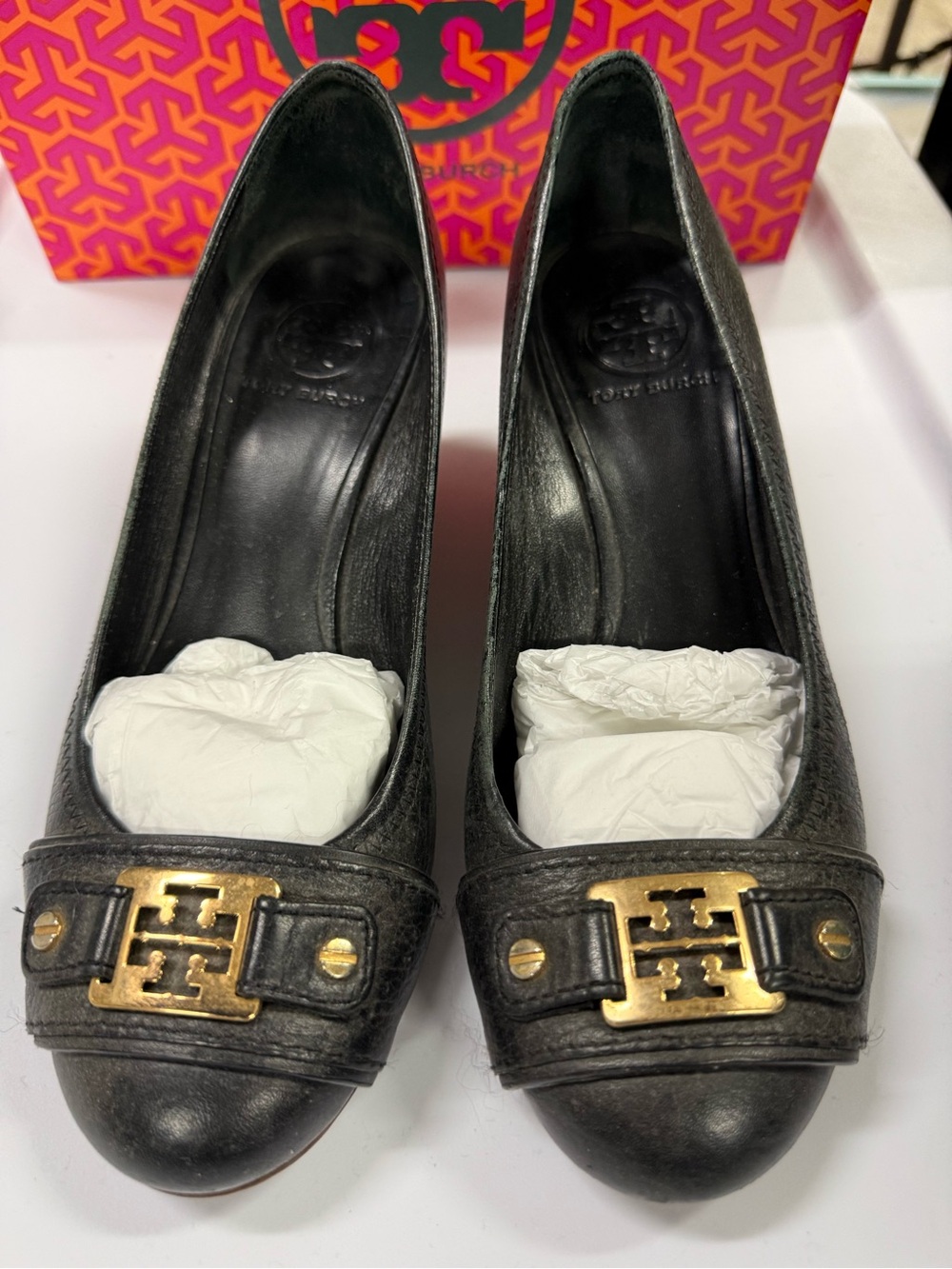 Tory Burch Black Natalya Mid Wedge with Gold Logo Accent